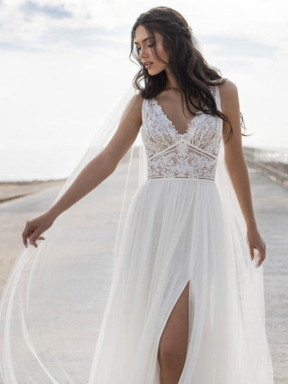 White Simple Wedding Dress V-Neck Sleeveless Backless Lace Chiffon A-Line Bridal Dresses