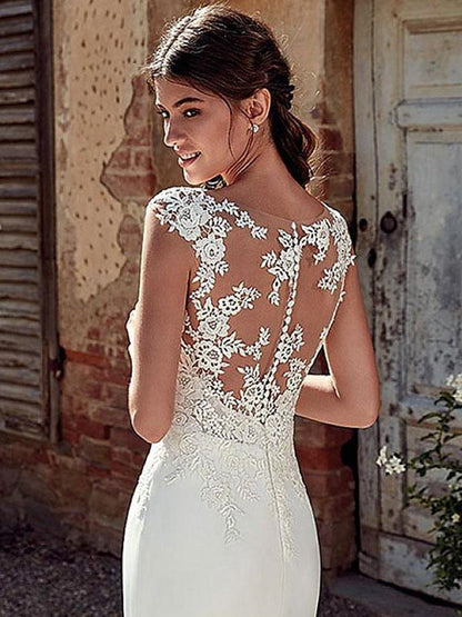 White Simple Wedding Dress White Chiffon Illusion Sleeveless Court Train Applique Sheath Bridal Gowns
