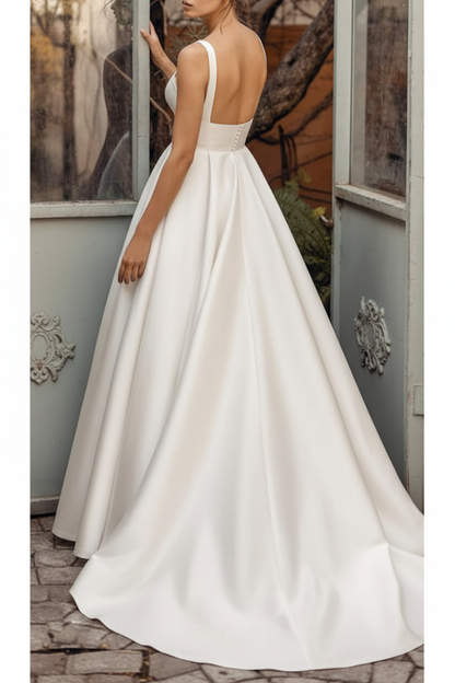 Square Neck Vintage Wedding Dresses Sleeveless Satin Court Train Sash Bridal Dress