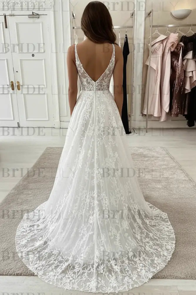 White V-Neck Lace Wedding Dress A-Line Sleeveless