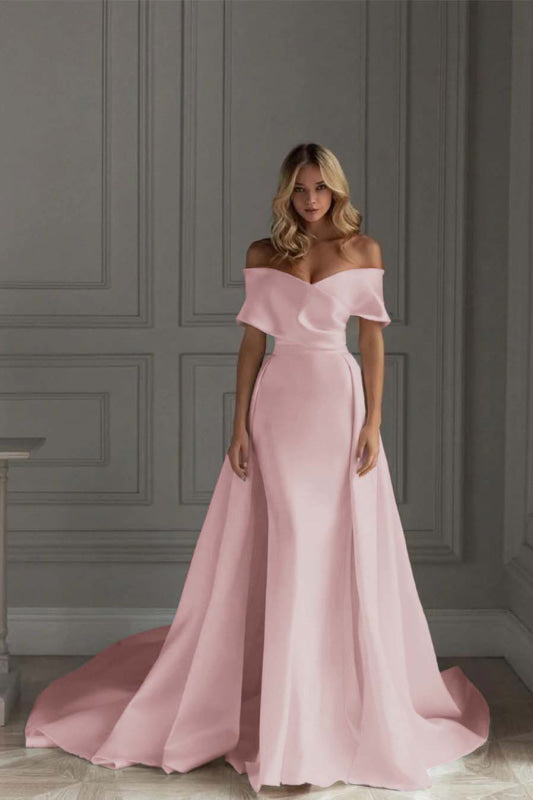 White Vintage Wedding Dress With Train Satin Off The Shoulder Wedding Dress Pleated Mermaid Bridal Gowns