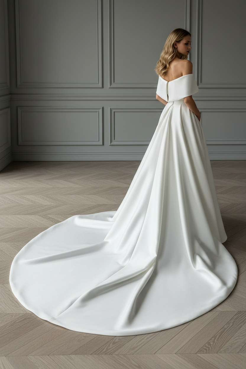 White Vintage Wedding Dress With Train Satin Off The Shoulder Wedding Dress Pleated Mermaid Bridal Gowns