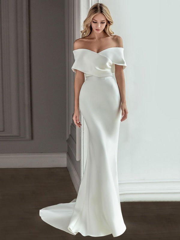 White Vintage Wedding Dress With Train Satin Off The Shoulder Wedding Dress Pleated Mermaid Bridal Gowns