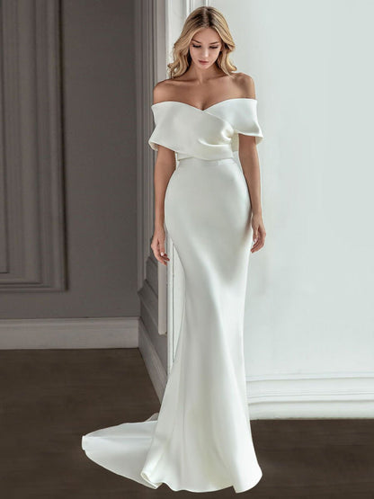 White Vintage Wedding Dress With Train Satin Off The Shoulder Wedding Dress Pleated Mermaid Bridal Gowns