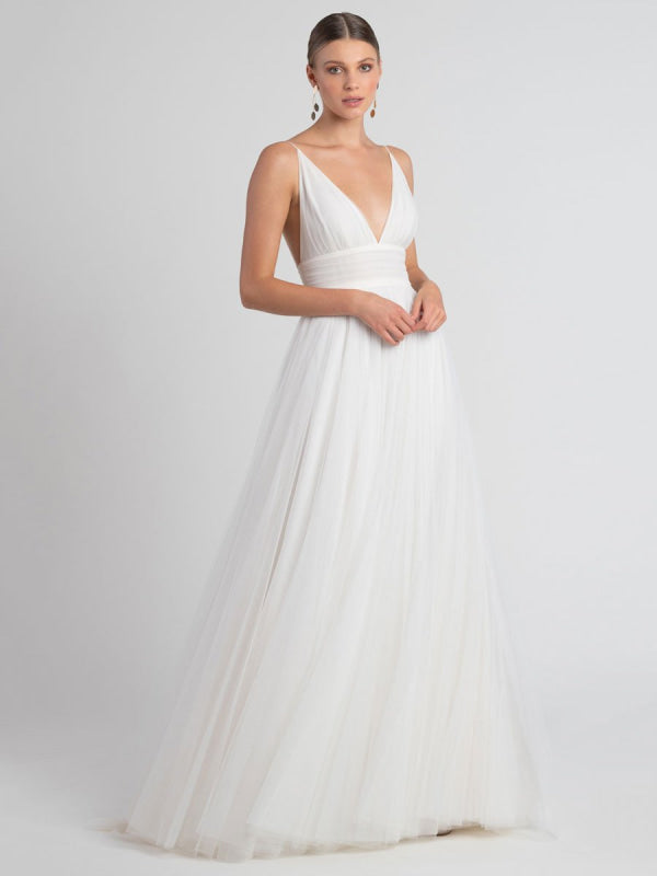 White Wedding Dress V-Neck Sleeveless With Train Backless Long Bridal Dresses
