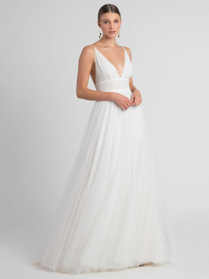 White Wedding Dress V-Neck Sleeveless With Train Backless Long Bridal Dresses