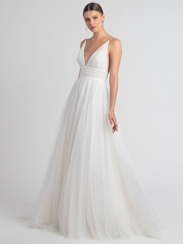 White Wedding Dress V-Neck Sleeveless With Train Backless Long Bridal Dresses