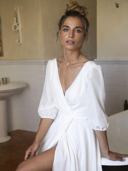 3/4 Sleeves White Wedding Dresses A Line Floor Length Pleated V Neck Bridal Dresses