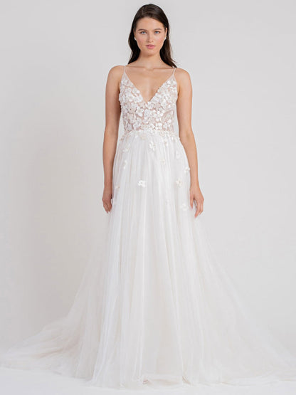 White Wedding Gowns Chapel Train A-Line Sleeveless Spaghetti Straps Matte Satin V-Neck Lace Bridal Gowns