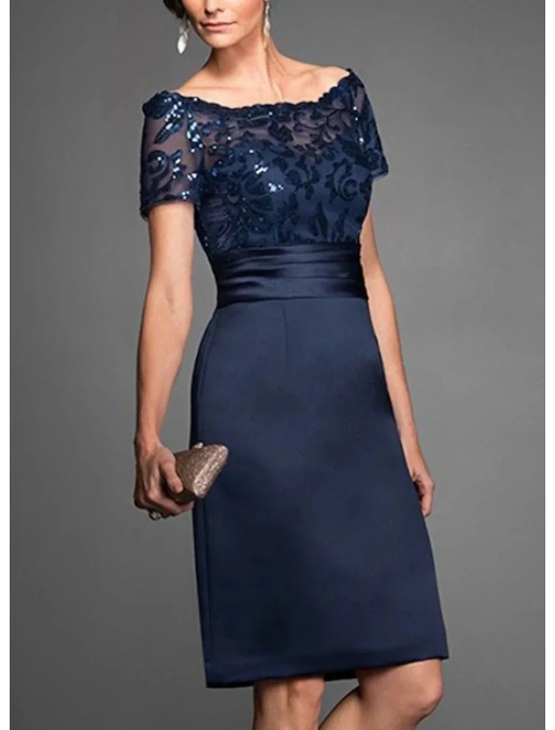 Sheath / Column Mother of the Bride Dress Wedding Guest Elegant Off Shoulder Knee Length Chiffon Lace Tulle Short Sleeve with Lace Sequin