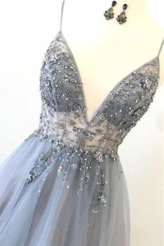A Line Tulle Spaghetti Straps V Neck Appliques Long Prom Dress Beautiful