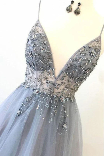A Line Tulle Spaghetti Straps V Neck Appliques Long Prom Dress Beautiful
