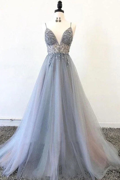 A Line Tulle Spaghetti Straps V Neck Appliques Long Prom Dress Beautiful