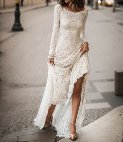 Vintage Floral  Wedding Dress with Sleeves Modest Boat Neck Low-V Back Princess Bridal Gown