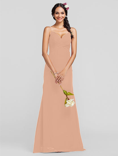 Sheath / Column Spaghetti Strap Floor Length Chiffon Bridesmaid Dress with Criss Cross