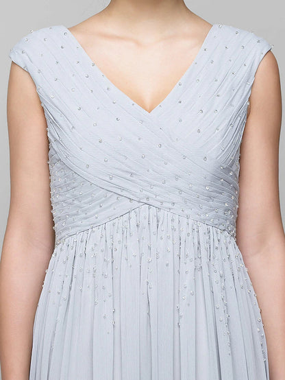 DingjiA-Line Mother of the Bride Dress Elegant V Neck Floor Length Chiffon Sleeveless with Criss Cross Beading