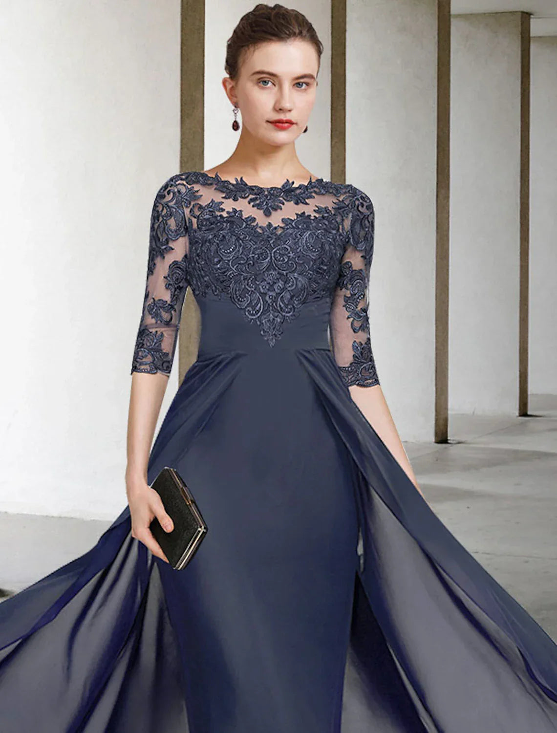 Sheath / Column Mother of the Bride Dress Elegant Plus Size Jewel Neck V Neck Floor Length Chiffon Lace Half Sleeve with Ruched Appliques