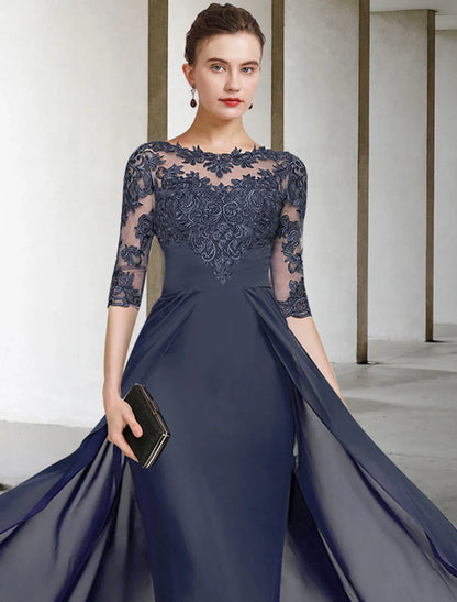 Sheath / Column Mother of the Bride Dress Elegant Plus Size Jewel Neck V Neck Floor Length Chiffon Lace Half Sleeve with Ruched Appliques