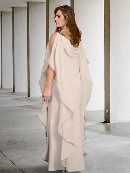 Sheath / Column Plus Size Curve Mother of the Bride Dresses Elegant Dress Formal Floor Length Sleeveless Jewel Neck Chiffon with Beading