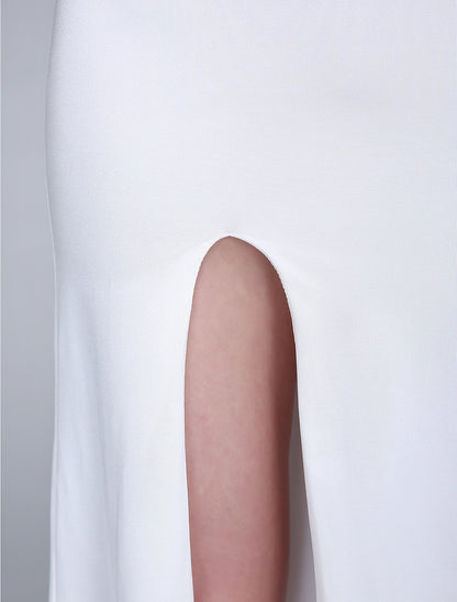 Sheath / Column Bridesmaid Dress Bateau Neck Sleeveless Open Back Ankle Length Chiffon / Jersey with Split Front