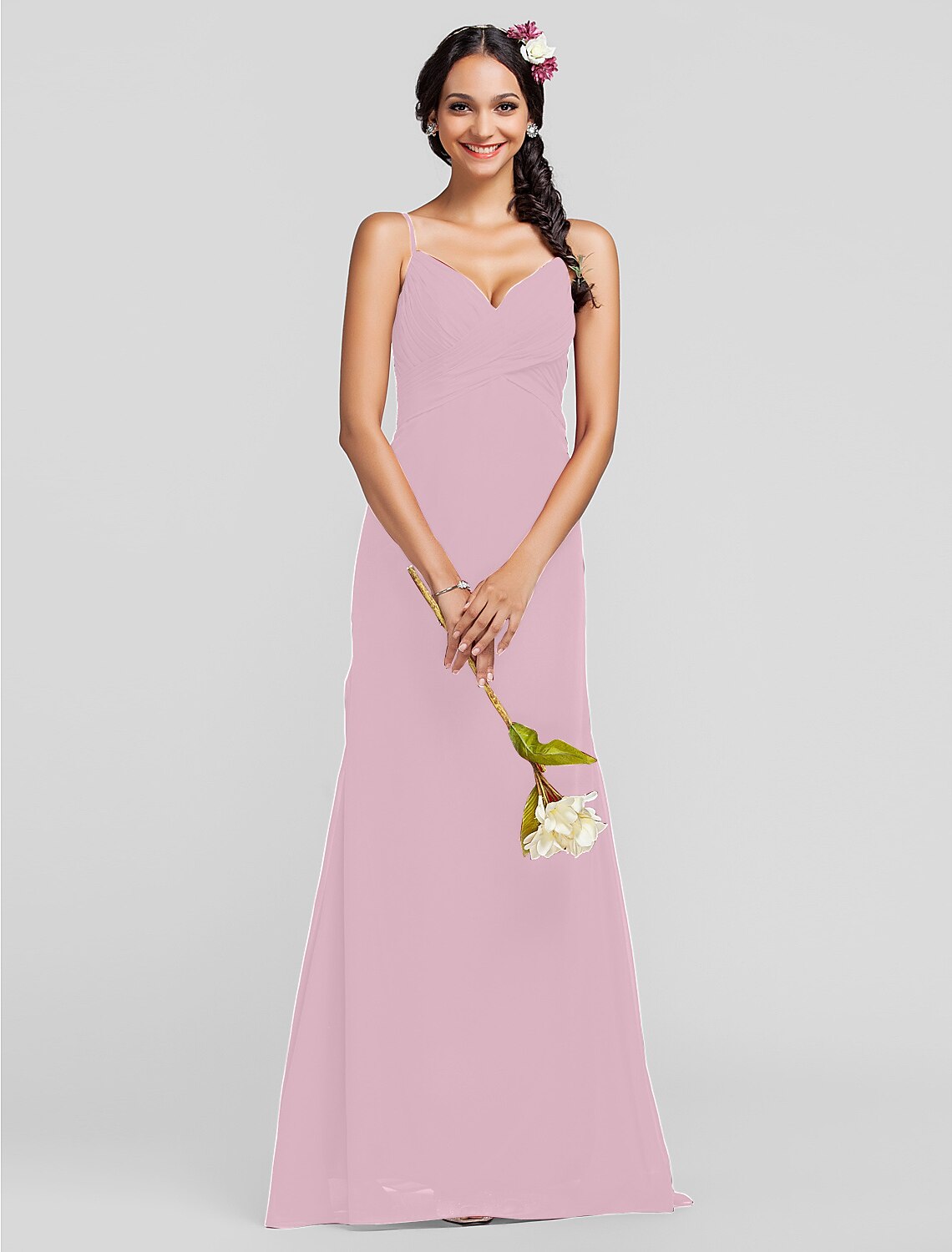 Sheath / Column Spaghetti Strap Floor Length Chiffon Bridesmaid Dress with Criss Cross