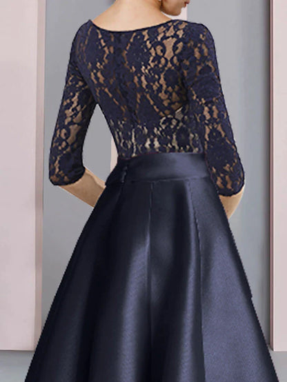 A-Line Mother of the Bride Dress Wedding Guest Vintage Elegant V Neck Ankle Length Satin Lace Half Sleeve with Bow(s) Pleats