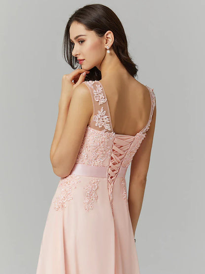 A-Line Bridesmaid Dress Jewel Neck Sleeveless Elegant Floor Length Chiffon / Lace with Appliques