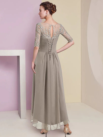 Two Piece A-Line Mother of the Bride Dress Formal Wedding Guest Elegant High Low V Neck Asymmetrical Tea Length Chiffon Lace Half Sleeve Wrap Included with Ruched