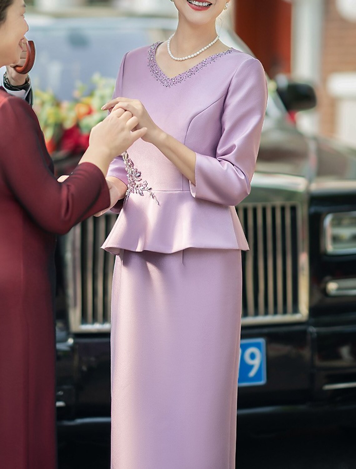 Two Piece Cocktail Dresses Elegant Dress Wedding Party Tea Length Long Sleeve V Neck Satin Mother of the Bride Dresses