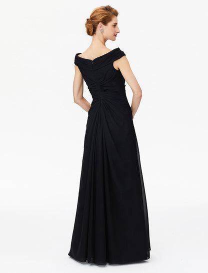 Aimishang Sheath / Column Mother of the Bride Dress Furcal Off Shoulder Floor Length Chiffon Short Sleeve No with Pleats Split Front