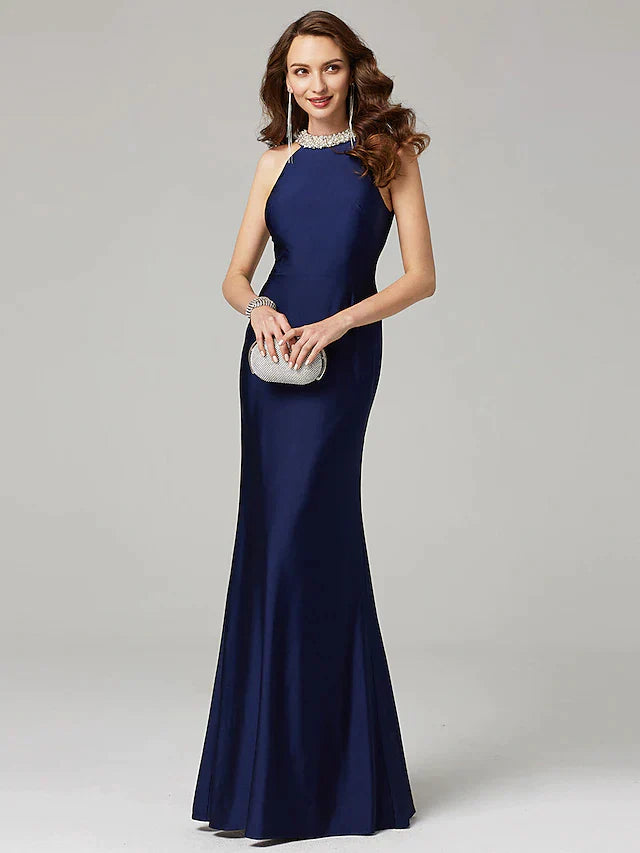 Sheath / Column Mother of the Bride Dress Elegant Sexy Jewel Neck Floor Length Charmeuse Sleeveless with Pearls