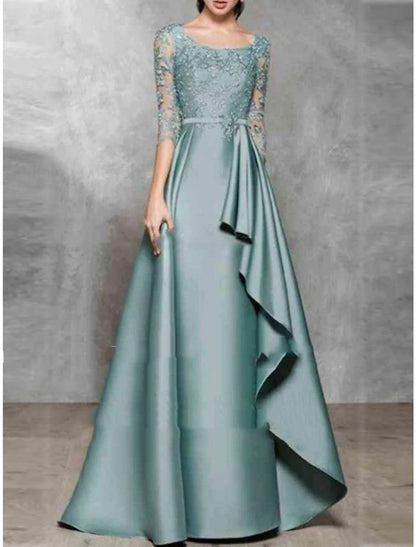 A-Line Evening Gown Black Dress Plus Size Elegant Dress Formal Wedding Floor Length Half Sleeve Scoop Neck Satin with Pleats 2025