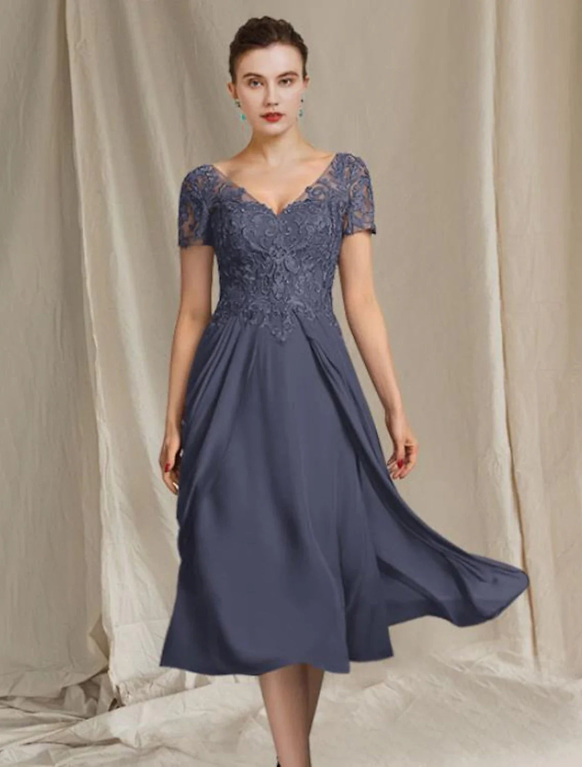 Aimishang A-Line Mother of the Bride Dress Plus Size Elegant V Neck Tea Length Chiffon Lace Short Sleeve with Pleats Appliques