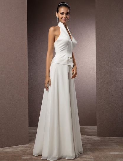 Hall Wedding Dresses Sheath / Column Halter Sleeveless Floor Length Satin Bridal Gowns With Sash / Ribbon  Summer Wedding Party  Women's Clothing
