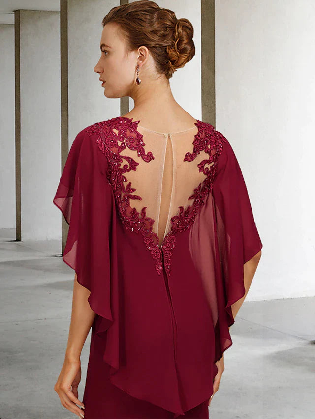 DingjiMermaid / Trumpet Mother of the Bride Dress Vintage Elegant Square Neck Sweep / Brush Train Chiffon Short Sleeve with Ruffles Appliques