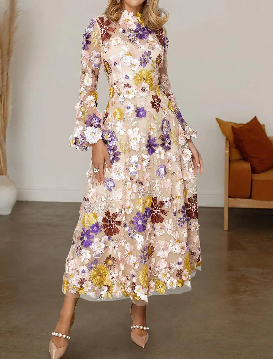 A-Line Mother of the Bride Dress Formal Wedding Guest Elegant High Neck Ankle Length Tulle Long Sleeve with Embroidery Flower