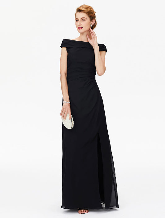 Aimishang Sheath / Column Mother of the Bride Dress Furcal Off Shoulder Floor Length Chiffon Short Sleeve No with Pleats Split Front
