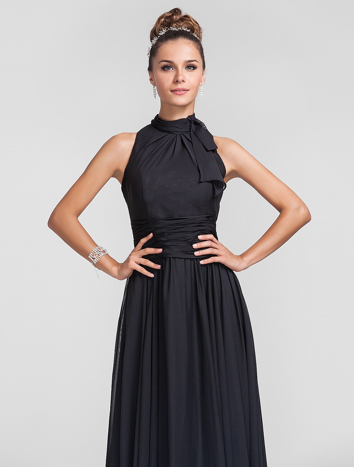 Sheath / Column Bridesmaid Dress High Neck Sleeveless Vintage Inspired Floor Length Chiffon with Ruched / Cascading Ruffles