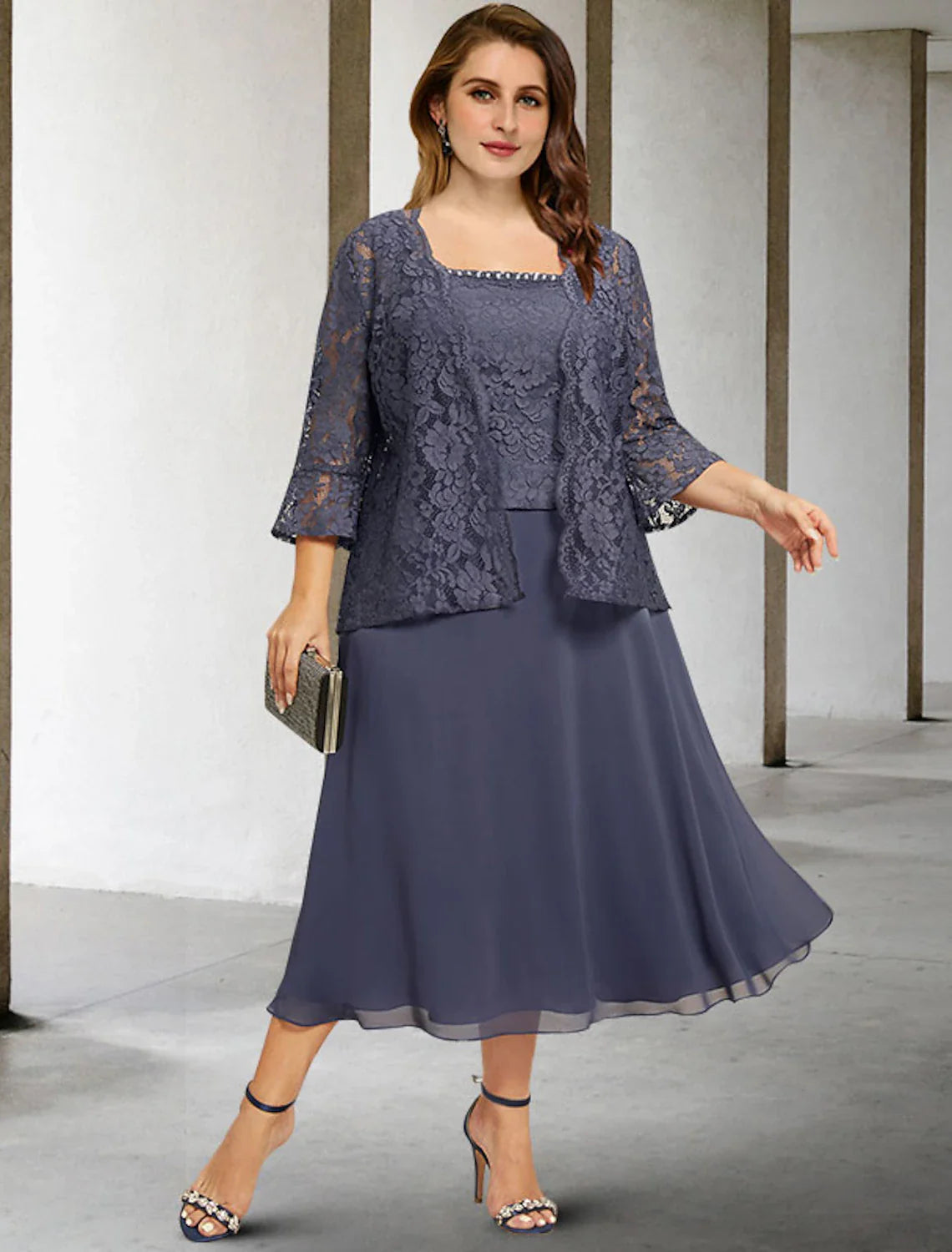 Aimishang  Two Piece A-Line Mother of the Bride Dresses Plus Size Hide Belly Curve Elegant Dress Formal Tea Length Sleeveless Square Neck Chiffon with Beading