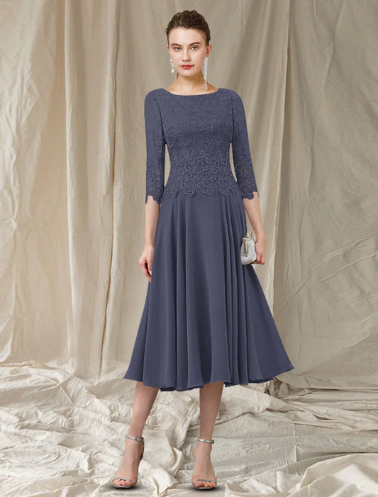 A-Line Mother of the Bride Dress Elegant Jewel Neck Tea Length Chiffon Lace 3/4 Length Sleeve with Pleats Appliques