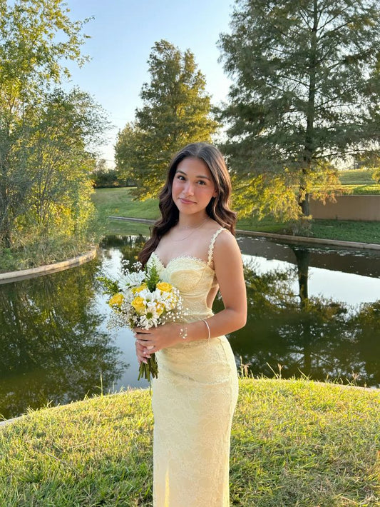 Pastel Yellow Mermaid Prom Dress,Luxury Lace Evening Dresses