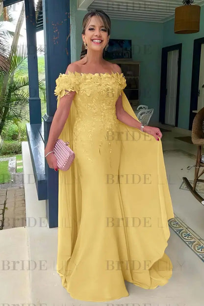Off-The-Shoulder Mermaid Chiffon Wedding Guest Dresses Long with Appliques