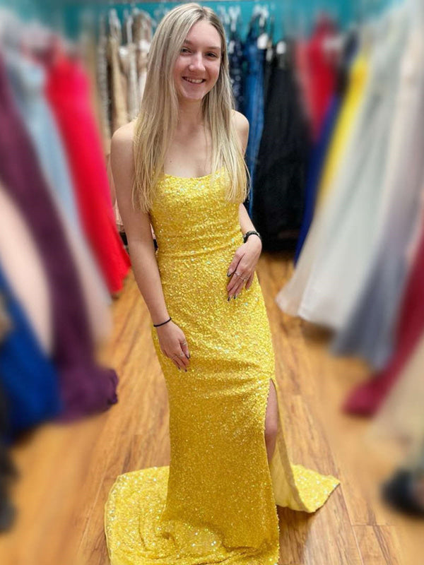 Yellow Sequins Mermaid Backless Long Prom Dresses with High Slit, Mermaid Yellow Sequins Formal Graduation Evening Dresses