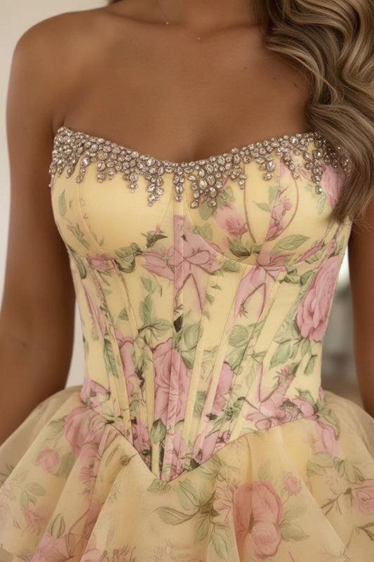 Yellow Strapless Chiffon A-Line Long Prom Dress with Floral