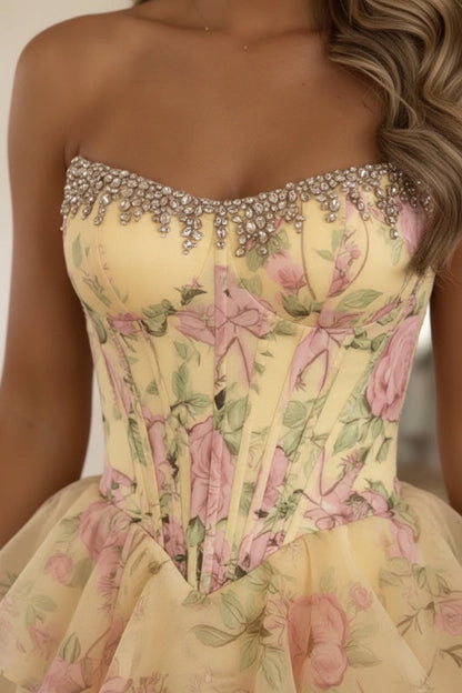 Yellow Strapless Chiffon A-Line Long Prom Dress with Floral