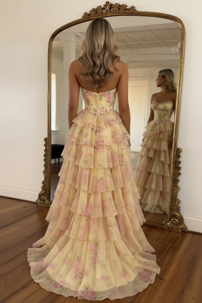 Yellow Strapless Chiffon A-Line Long Prom Dress with Floral