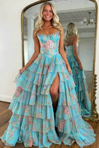 Yellow Strapless Chiffon A-Line Long Prom Dress with Floral