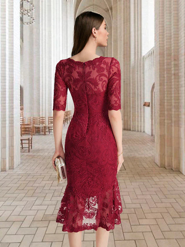 Mermaid / Trumpet Mother of the Bride Dress Vintage Elegant High Low Square Neck Asymmetrical Tea Length Lace Half Sleeve with Ruffles Appliques