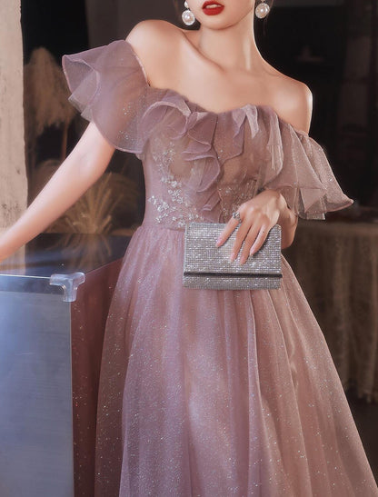 A-Line Beautiful Back Elegant Prom Formal Evening Birthday Dress Off Shoulder Short Sleeve Floor Length Lace with Appliques