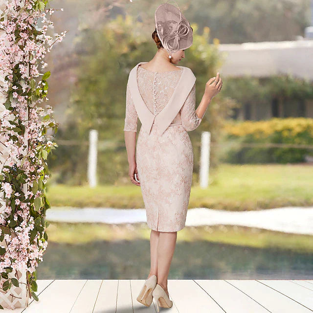 Sheath / Column Mother of the Bride Dress Elegant Jewel Neck Knee Length Lace Half Sleeve with Sash / Ribbon Appliques
